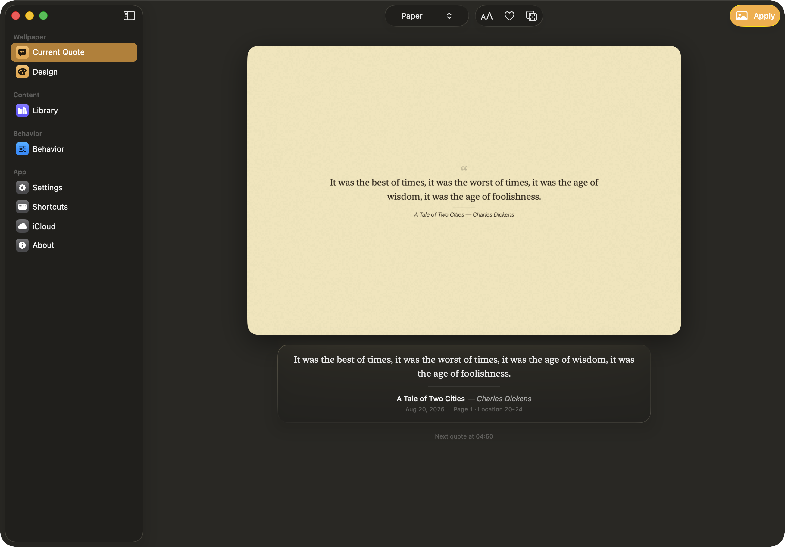 KindleWall's main window: the current passage rendered in the Paper style, with the source clipping underneath